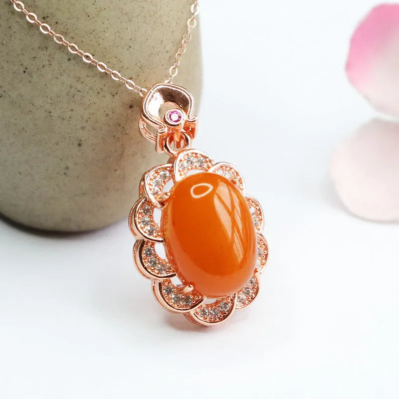 Vivid Zircon Flower Beeswax Amber Pendant Sterling Silver Necklace