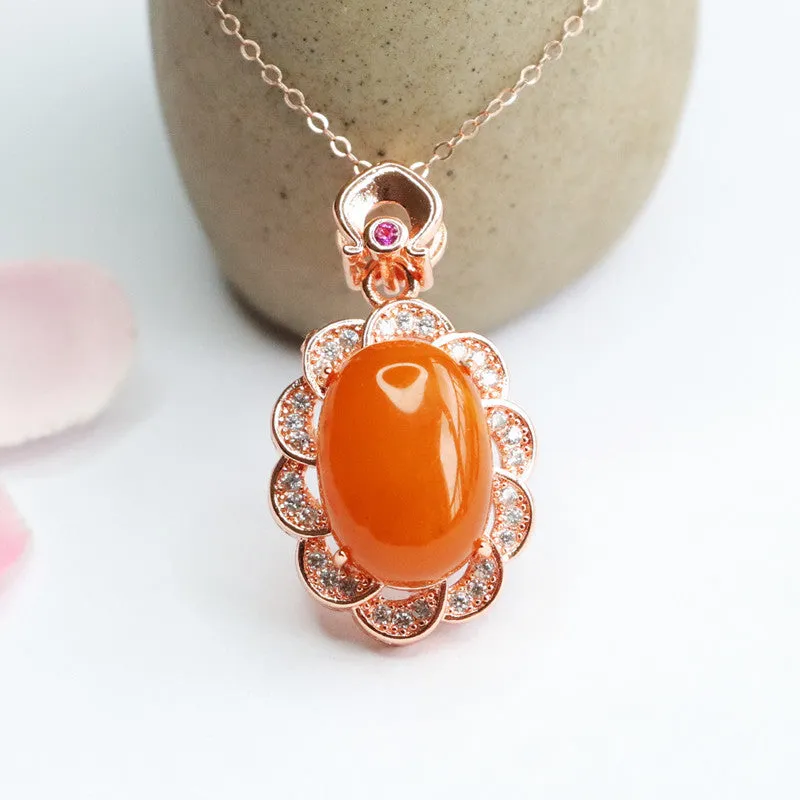 Vivid Zircon Flower Beeswax Amber Pendant Sterling Silver Necklace