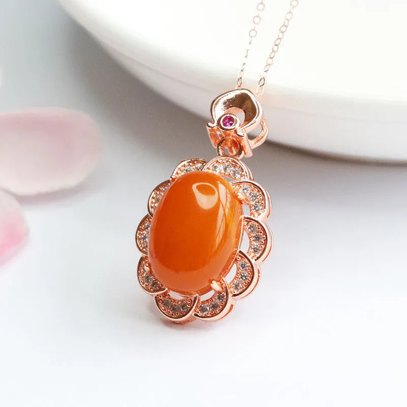 Vivid Zircon Flower Beeswax Amber Pendant Sterling Silver Necklace