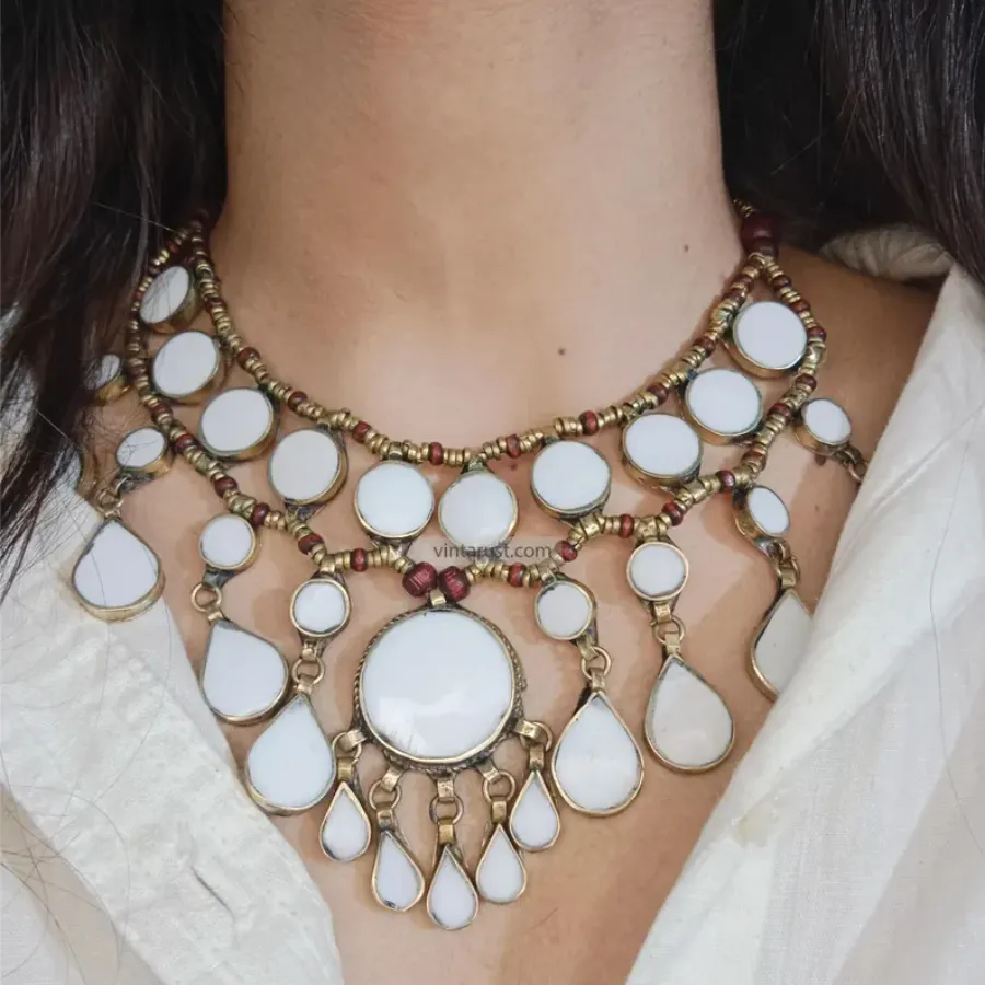 White Tribal Stone Bib Necklace, White Stone Antique Necklace