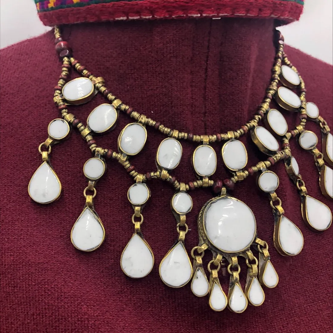 White Tribal Stone Bib Necklace, White Stone Antique Necklace