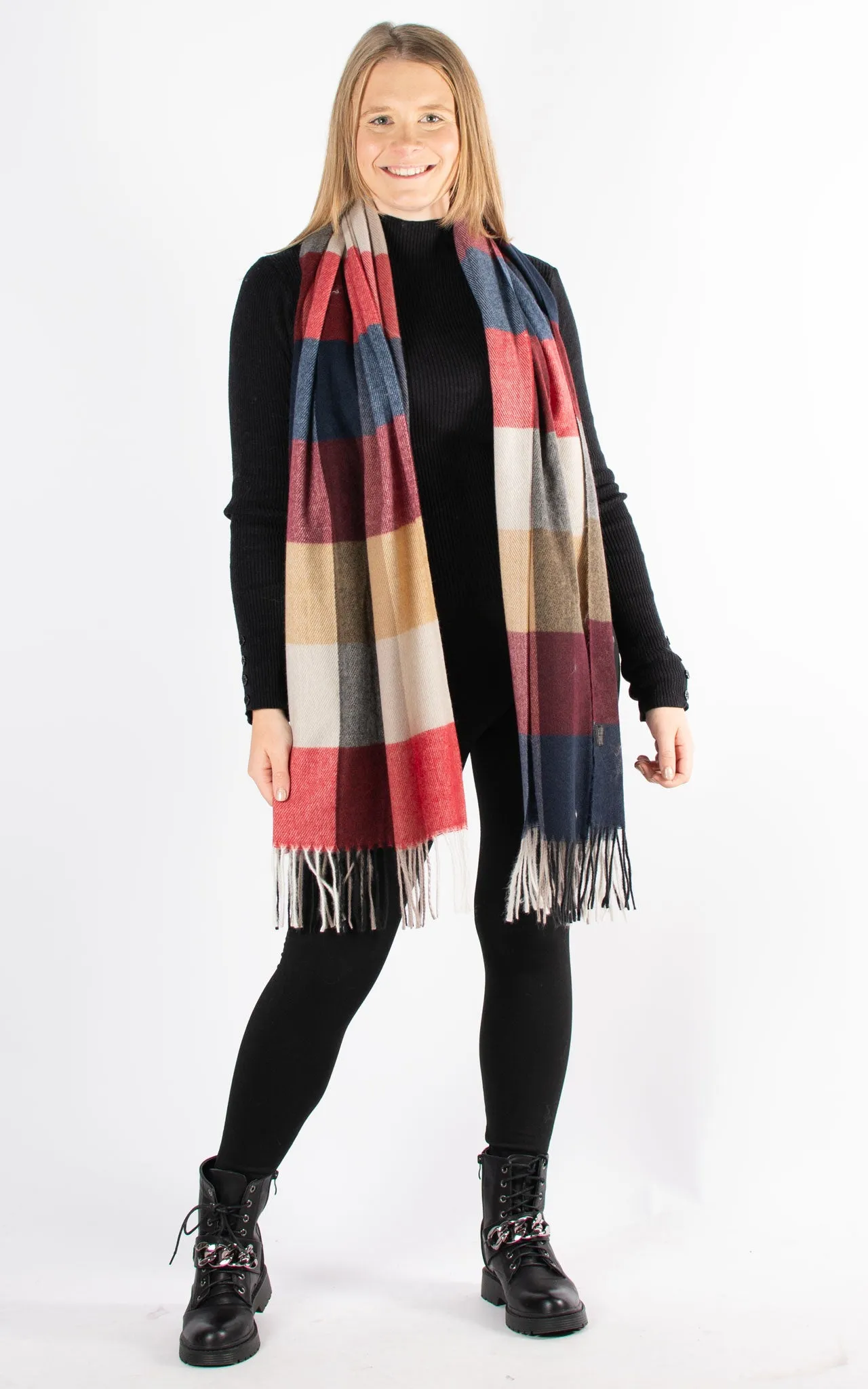 Winter Blanket Scarf | Squares | Mulberry Red, Navy & Taupe