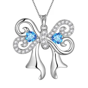 Women Bow Ribbon Necklace March Birthstone Pendant Blue Crystal Girls Jewelry Birthday Gifts 925 Sterling Silver