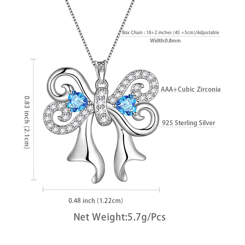 Women Bow Ribbon Necklace March Birthstone Pendant Blue Crystal Girls Jewelry Birthday Gifts 925 Sterling Silver