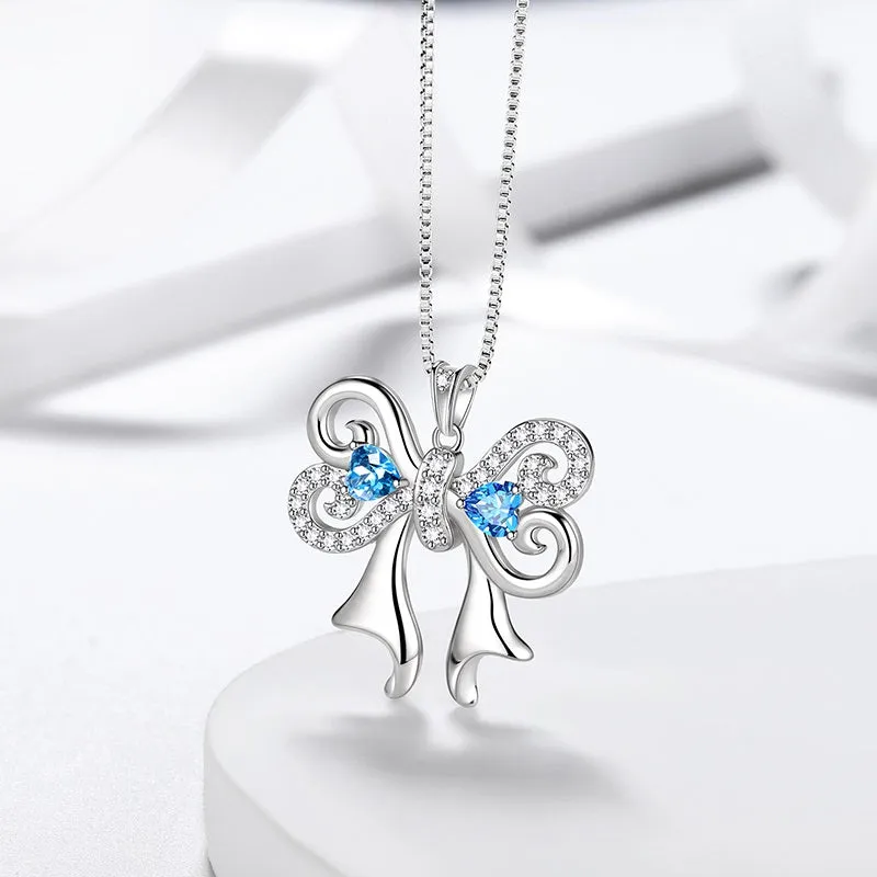 Women Bow Ribbon Necklace March Birthstone Pendant Blue Crystal Girls Jewelry Birthday Gifts 925 Sterling Silver