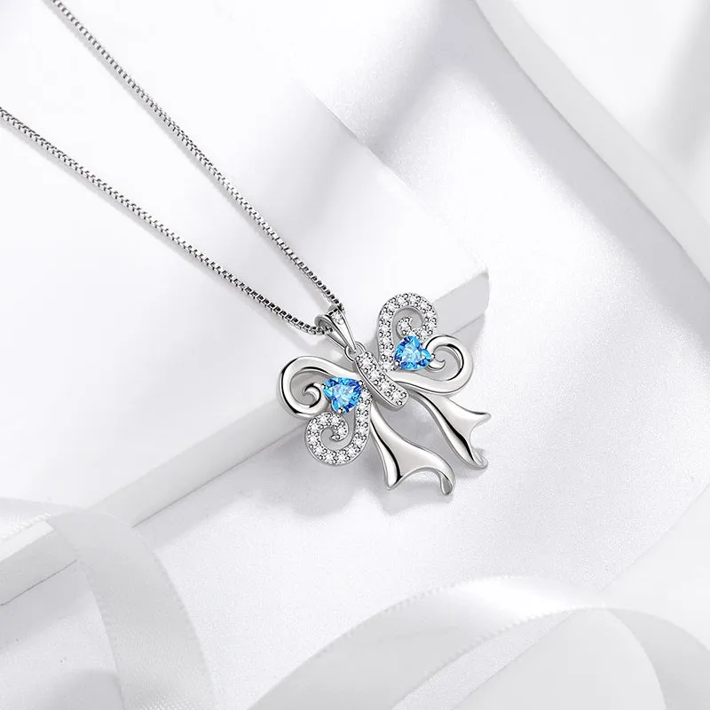 Women Bow Ribbon Necklace March Birthstone Pendant Blue Crystal Girls Jewelry Birthday Gifts 925 Sterling Silver