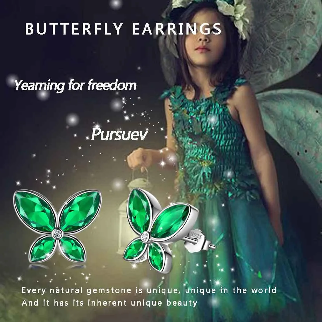 Women Butterfly Stud Earrings May Emerald Birthstone Earrings Girl Jewelry Gift