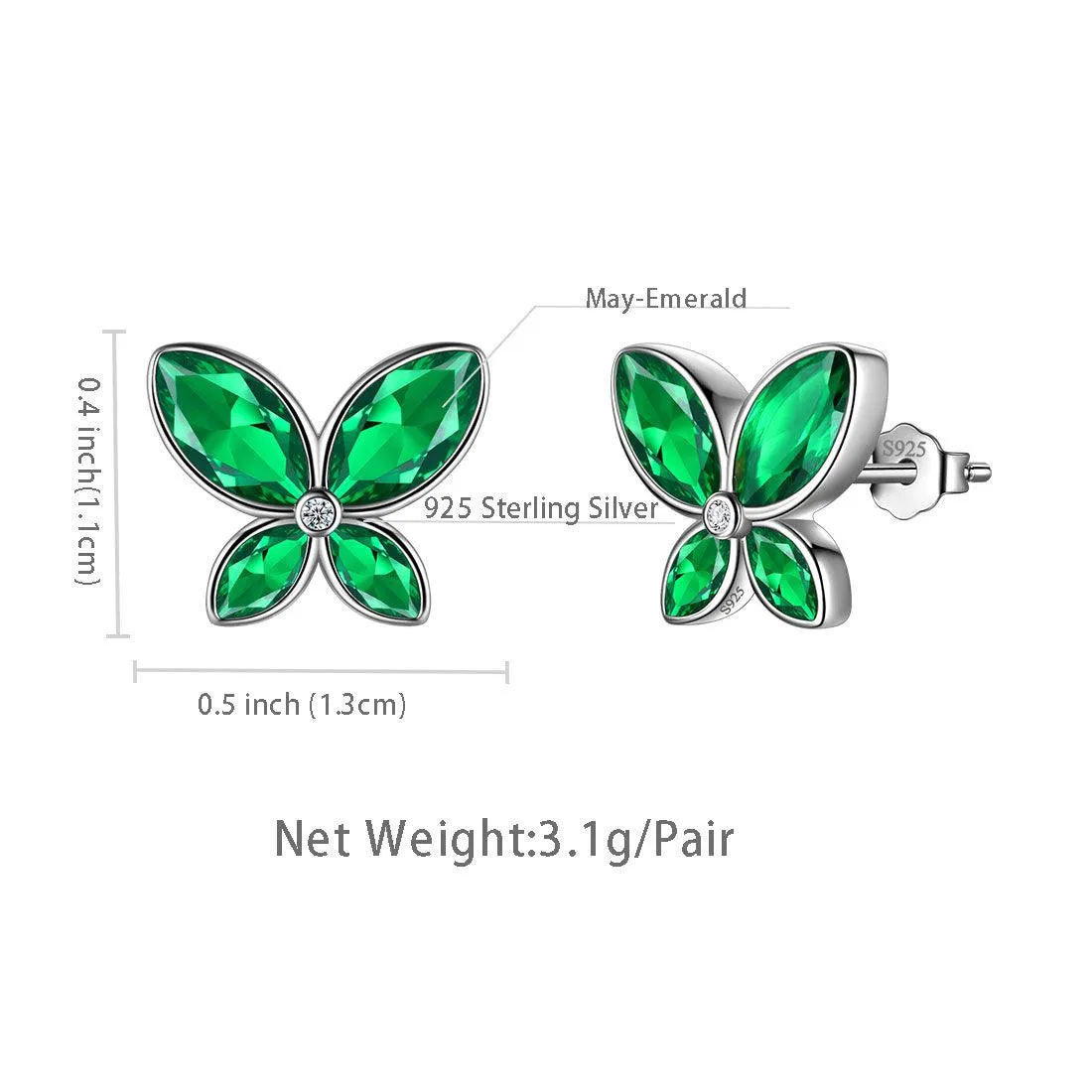 Women Butterfly Stud Earrings May Emerald Birthstone Earrings Girl Jewelry Gift