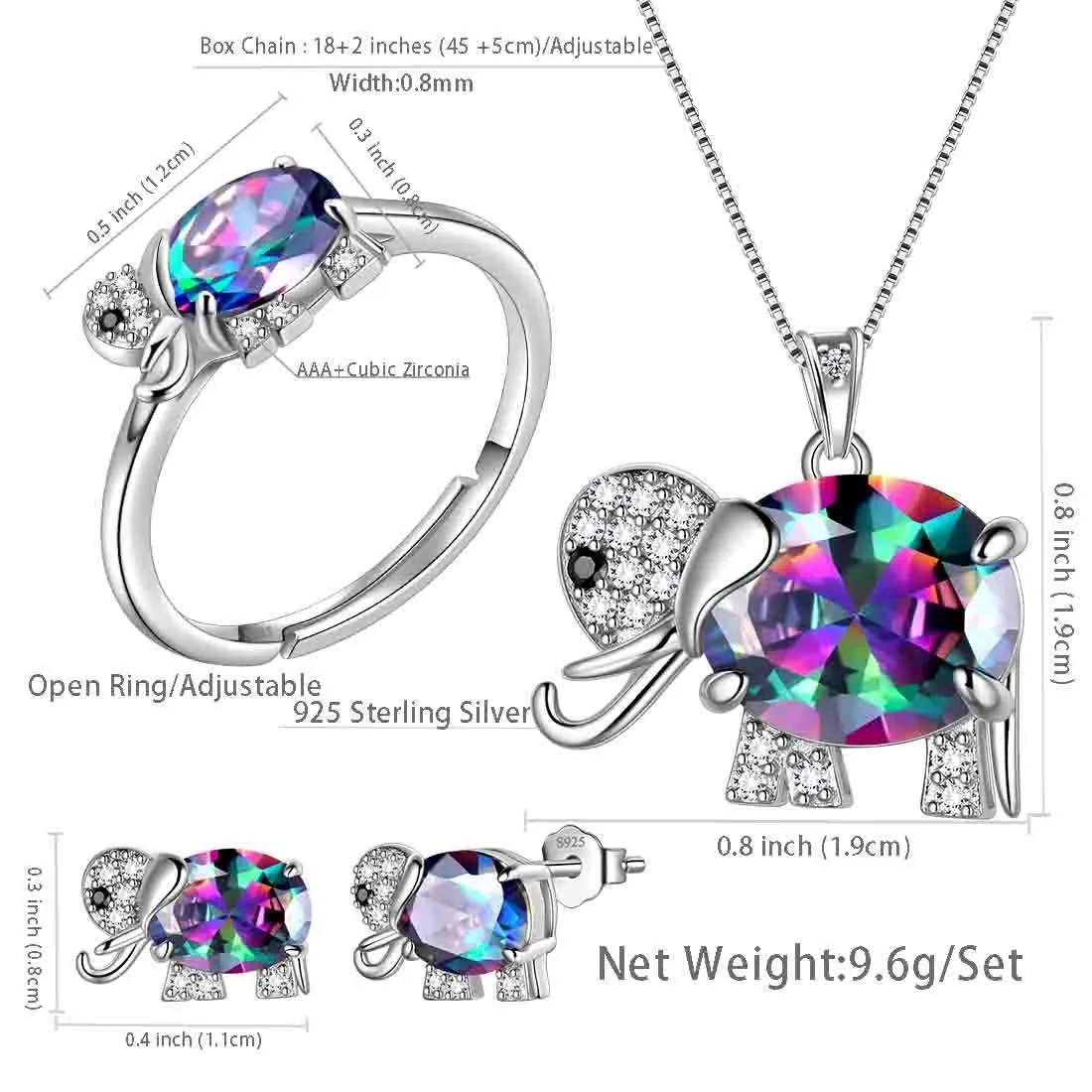 Women Elephant Necklace Earrings Ring Jewelry Set Mystic Topaz Girls Birthday Gift