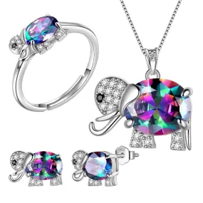 Women Elephant Necklace Earrings Ring Jewelry Set Mystic Topaz Girls Birthday Gift