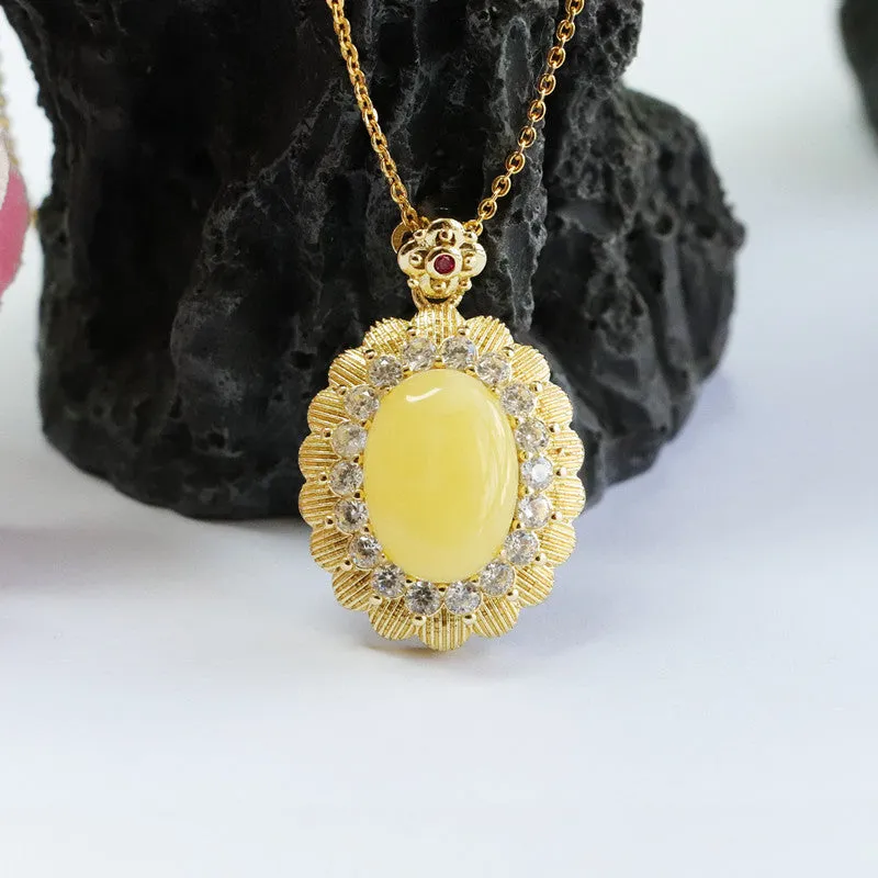 Yellow Amber Beeswax Pendant with Zircon Flower Halo Necklace Jewelry