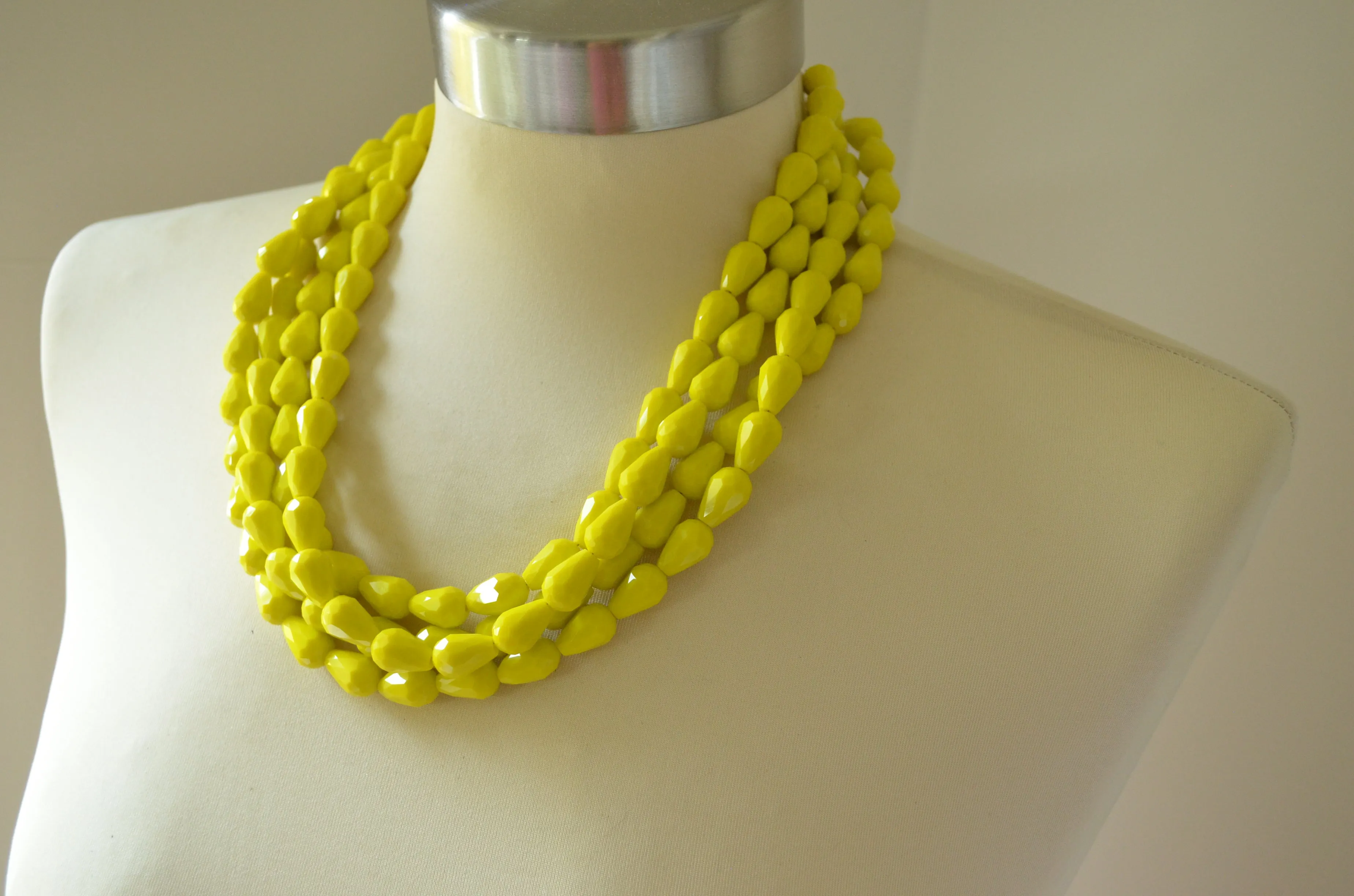 Yellow Glass Bead Chunky Multi Strand Statement Necklace