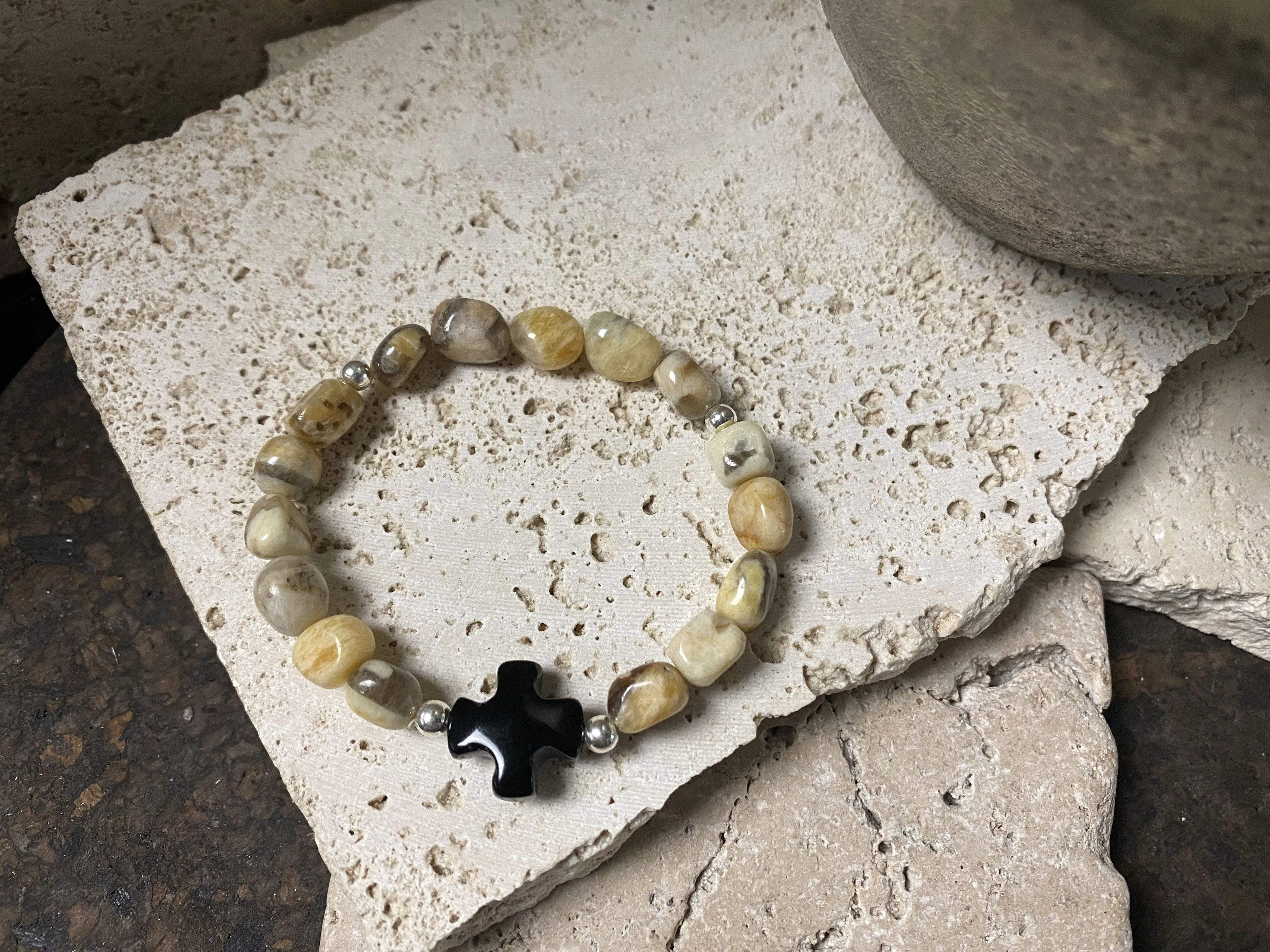 Zebradorite, Black Agate And Silver Bracelet