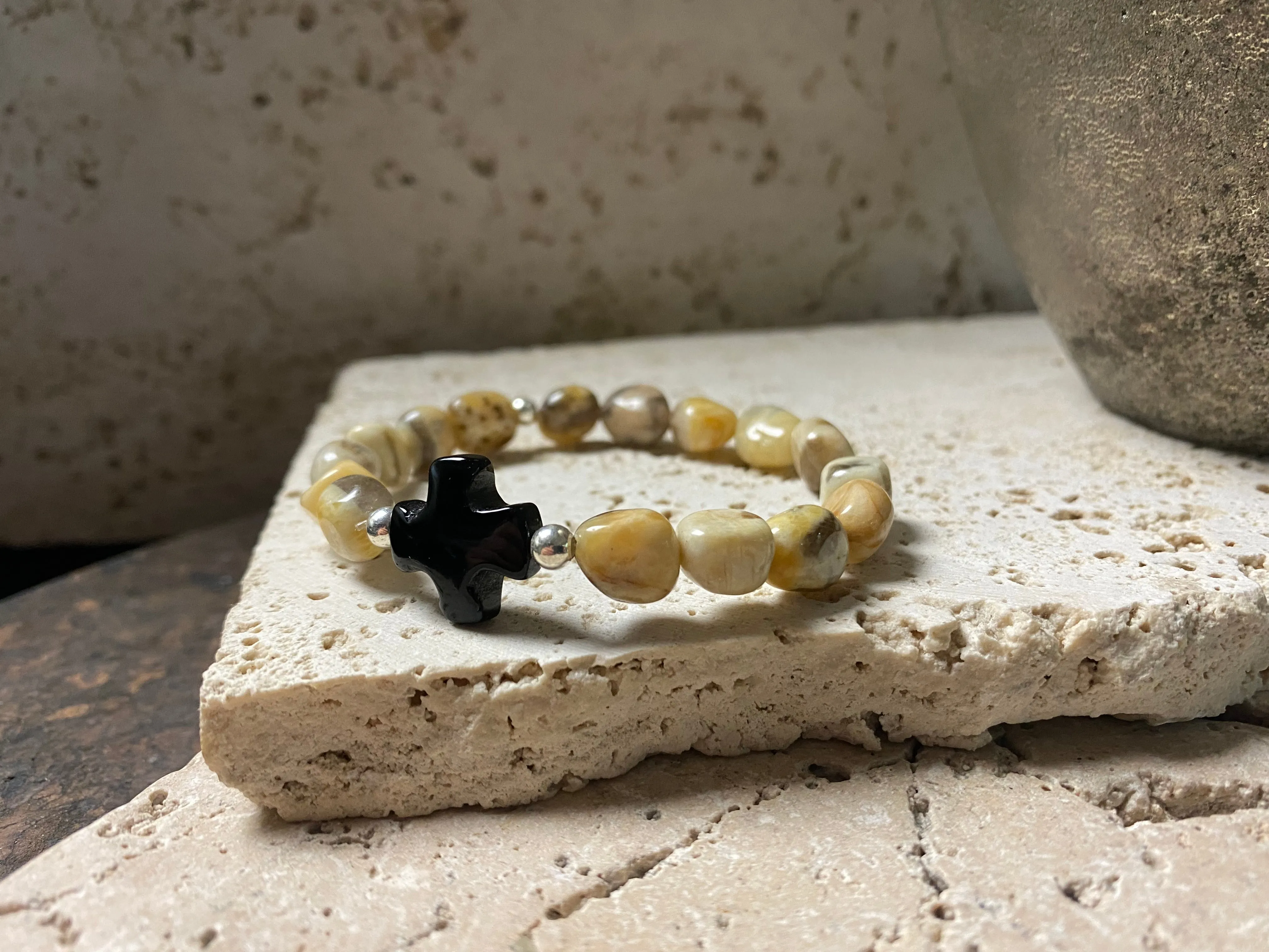 Zebradorite, Black Agate And Silver Bracelet